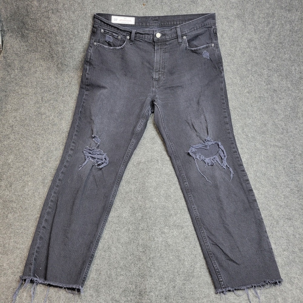 GAP Jeans Womens 33 Black Denim Distressed High Rise Americana Cheeky Straight - Picture 2 of 13